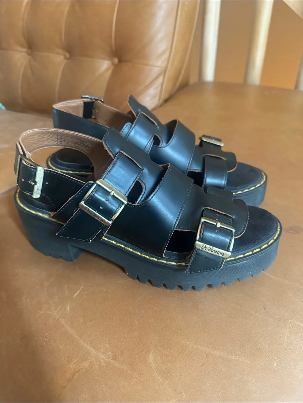 Dr. Martens Ariel Vintage Smooth Black Leather Buckle Platform Sandals